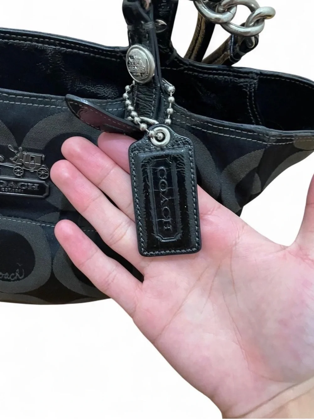 Coach Black and Dark Gray Signature Shoulder Tote with Chain Straps